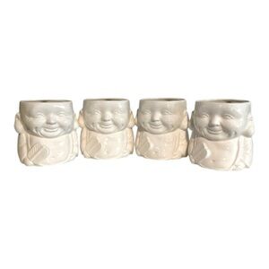 BUDDA "HAPPY FACE" by SHAFFORD COFFEE MUGS MARKED set of 4 PORCELAIN 4" ORIENTAL
